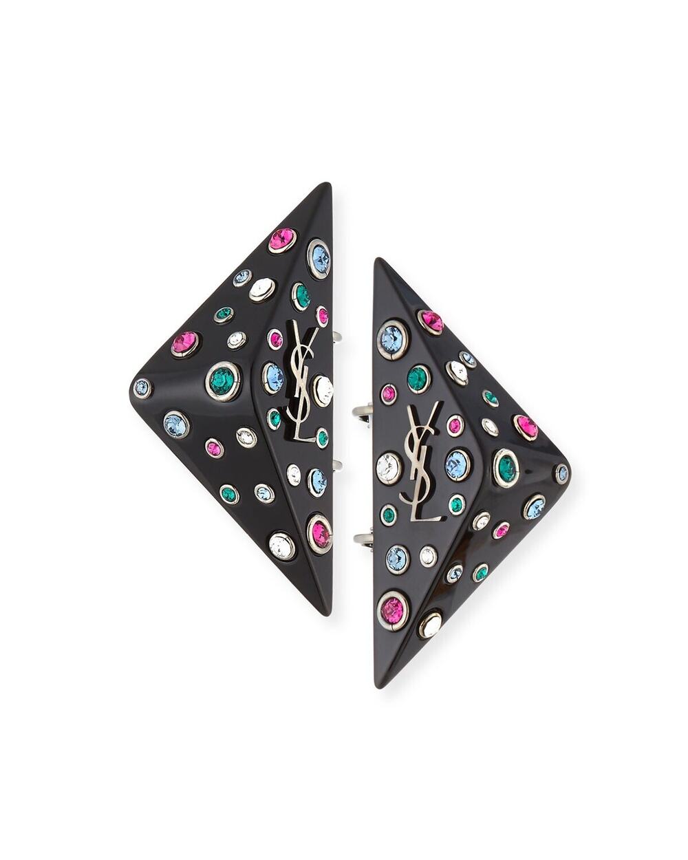 New Saint Laurent Crystal Monogram YSL Logo Triangle Clip On Earrings $495.00